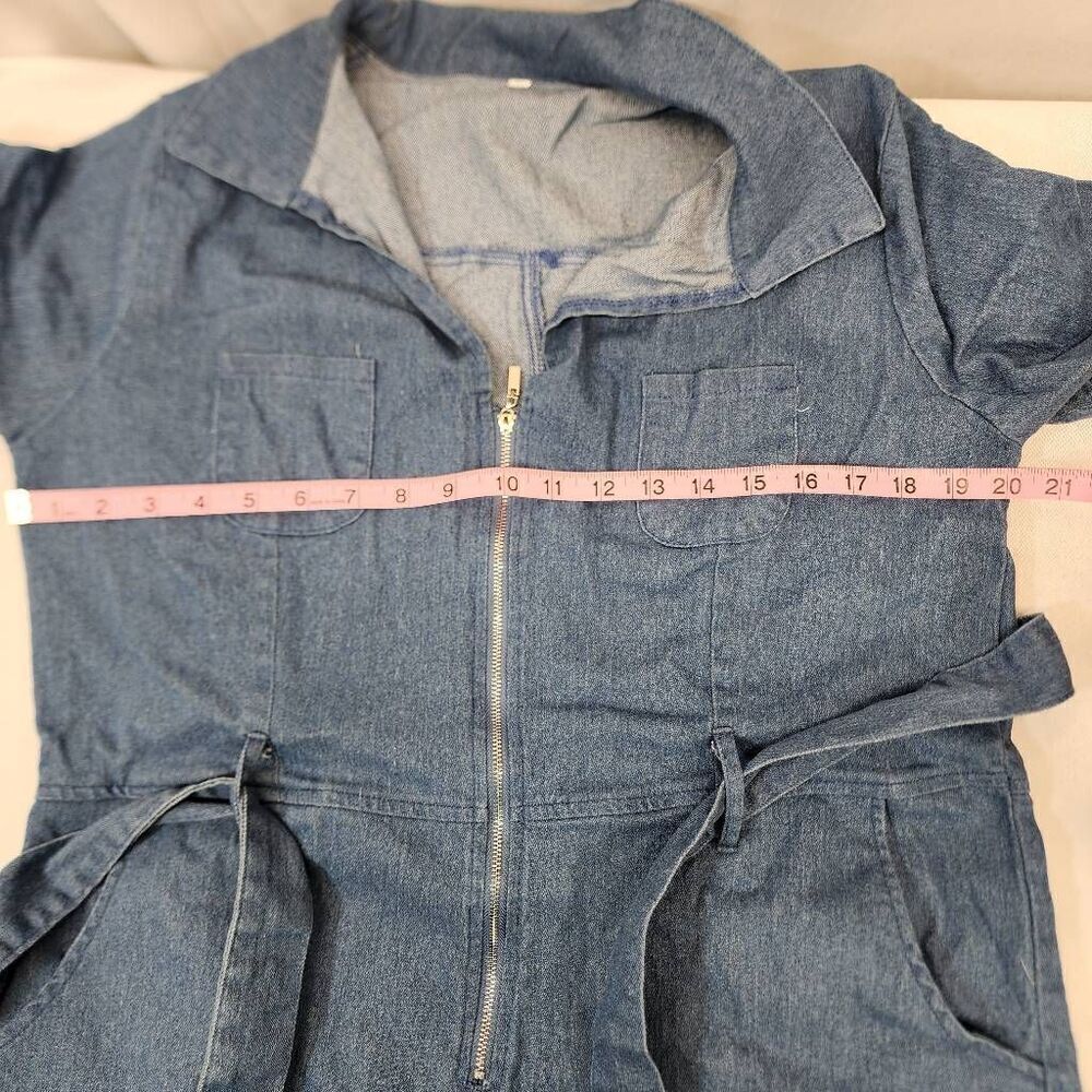 Women's Denim Jumpsuit V Neck Zip Up Short Sleeve Belted Jeans Romper XL - Picture 5 of 8